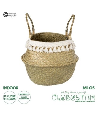 GloboStar® Artificial Garden MILOS 20308 Διακοσμητικό Ψάθινο Καλάθι - Κασπώ Γλάστρα - Flower Pot Μπεζ με Μακραμέ Φ32cm x Υ28cm